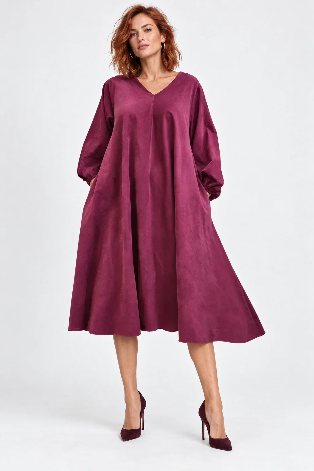 Shopika Rochie midi ampla din catifea reiata de bumbac bordo