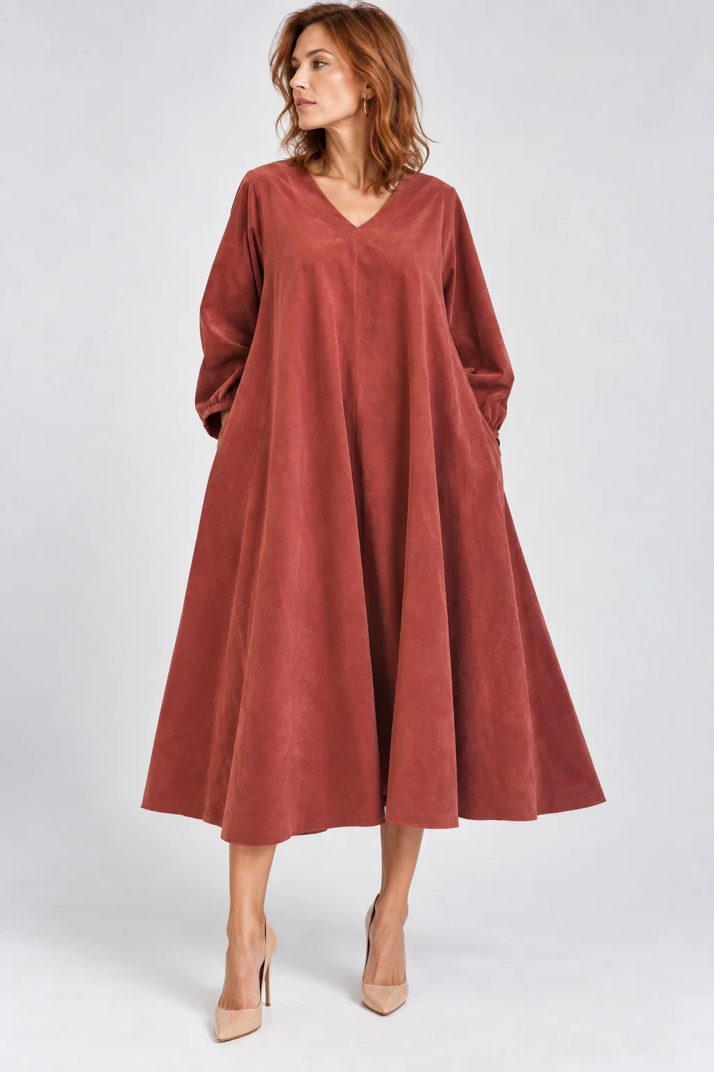 Shopika Rochie midi ampla din catifea reiata de bumbac caramiziu
