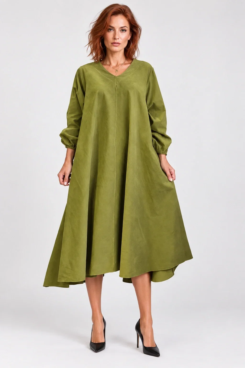 Shopika Rochie midi ampla din catifea reiata de bumbac verde olive