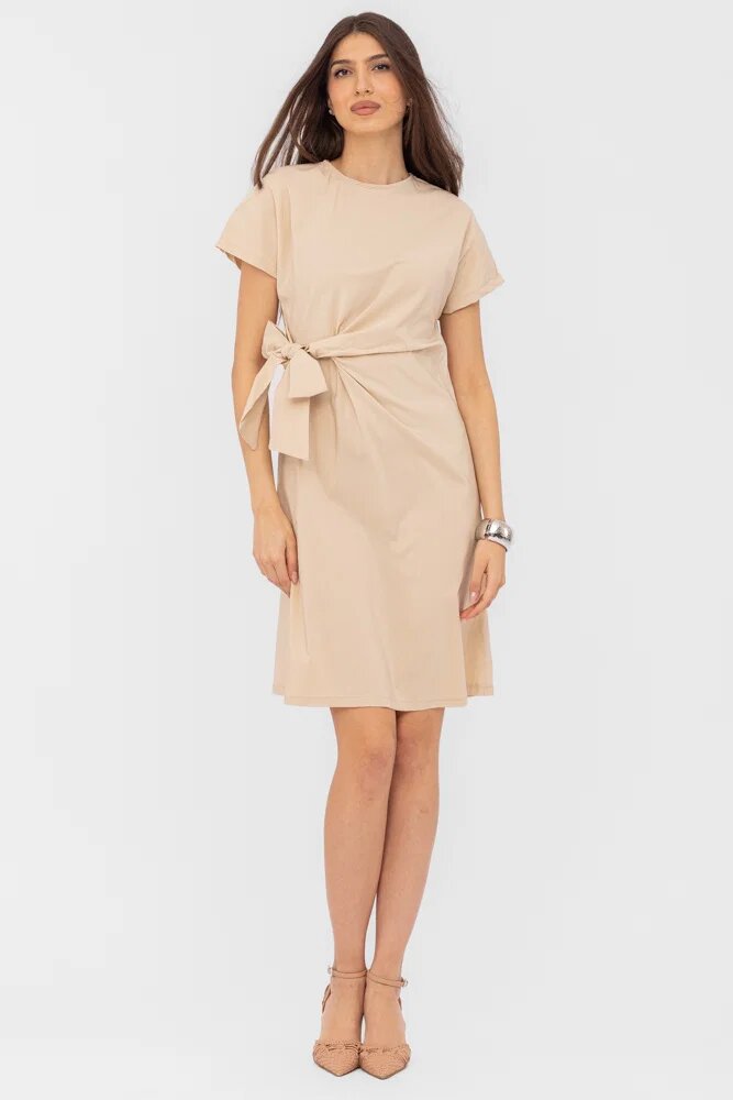 Shopika Rochie midi bej din vascoza petrecuta pe talie