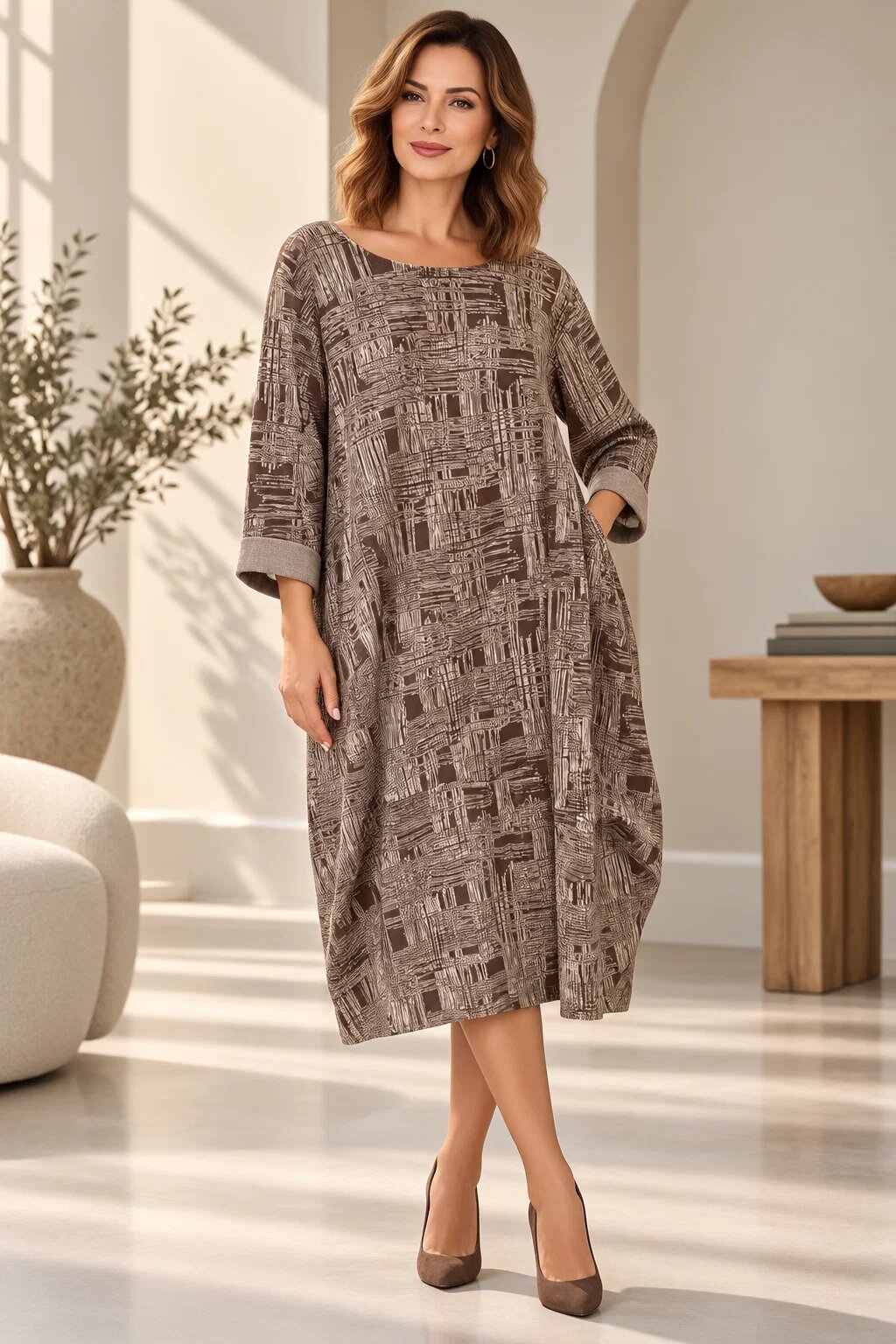 Shopika Rochie midi casual alb cu maron cald cu imprimeu artistic abstract si croi lejer