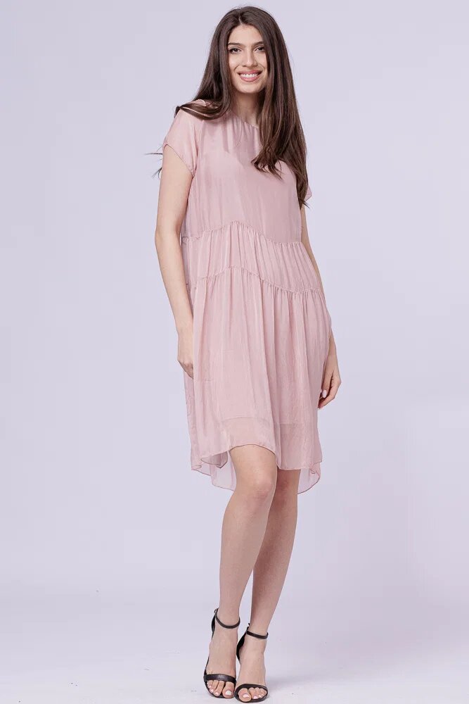 Shopika Rochie midi cu volan din matase si vascoza roz prafuit
