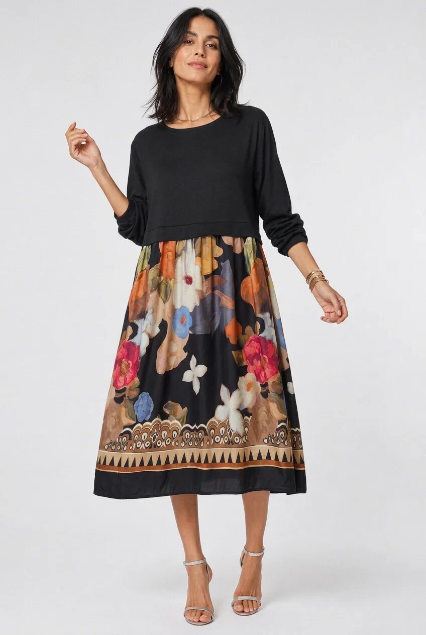Shopika Rochie midi dama din jerseu si satin de matase cu imprimeu floral de toamna