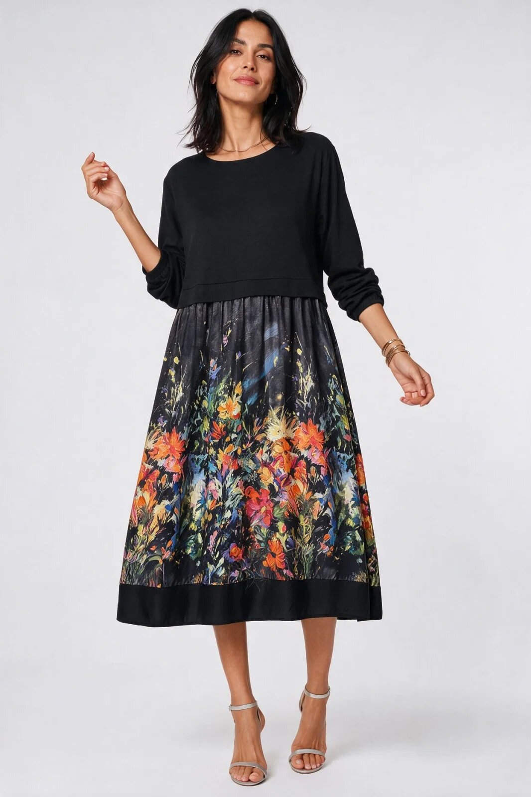 Shopika Rochie midi dama din jerseu si satin de matase cu imprimeu floral multicolor pe fond negru