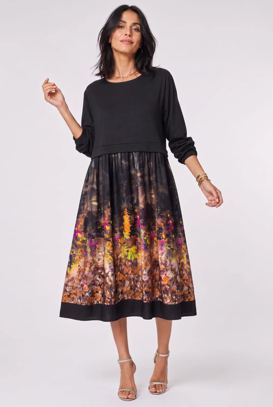 Shopika Rochie midi dama din jerseu si satin de matase cu imprimeu floral multicolor pe fond negru cu gri