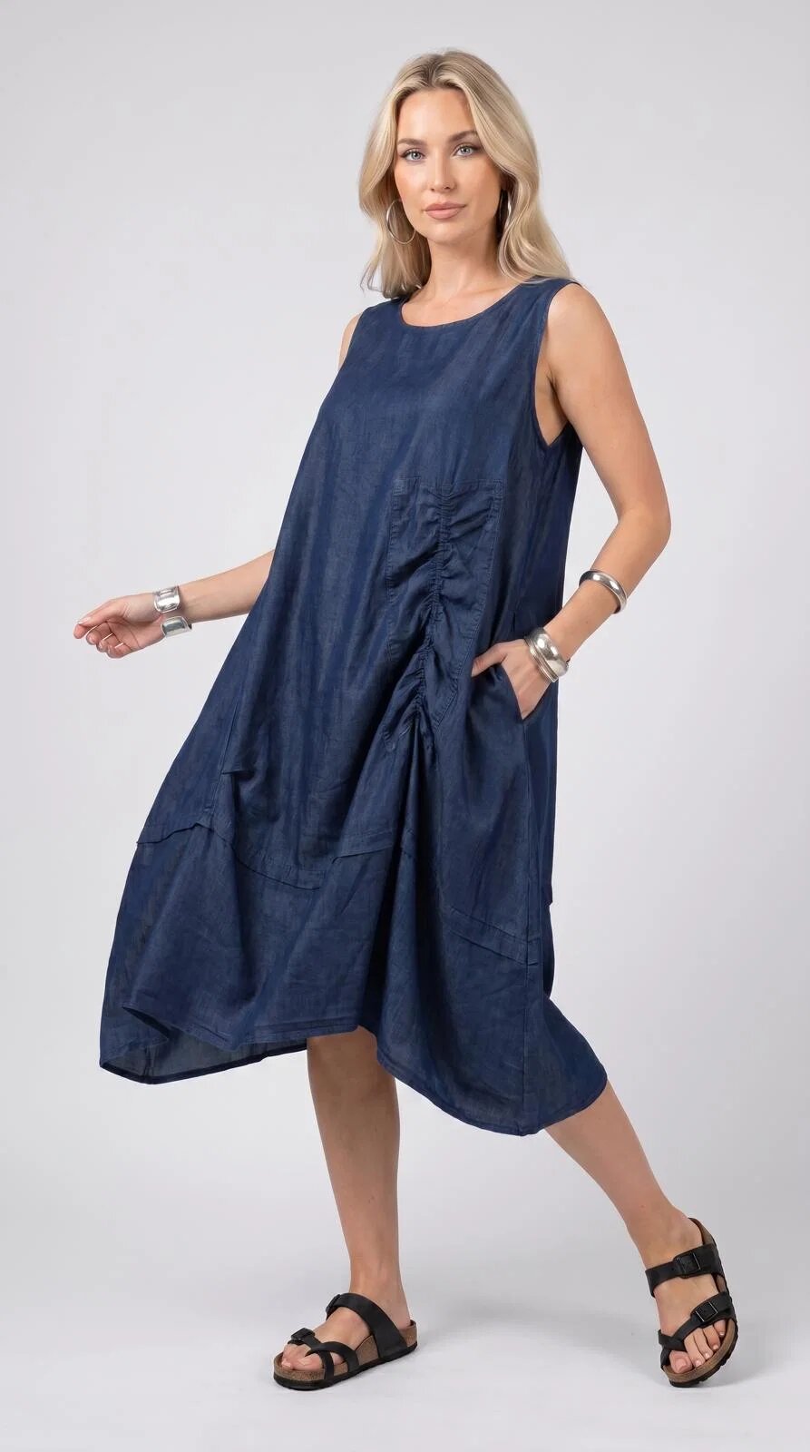 Shopika Rochie midi din jeans inchis cu fronseuri decorative