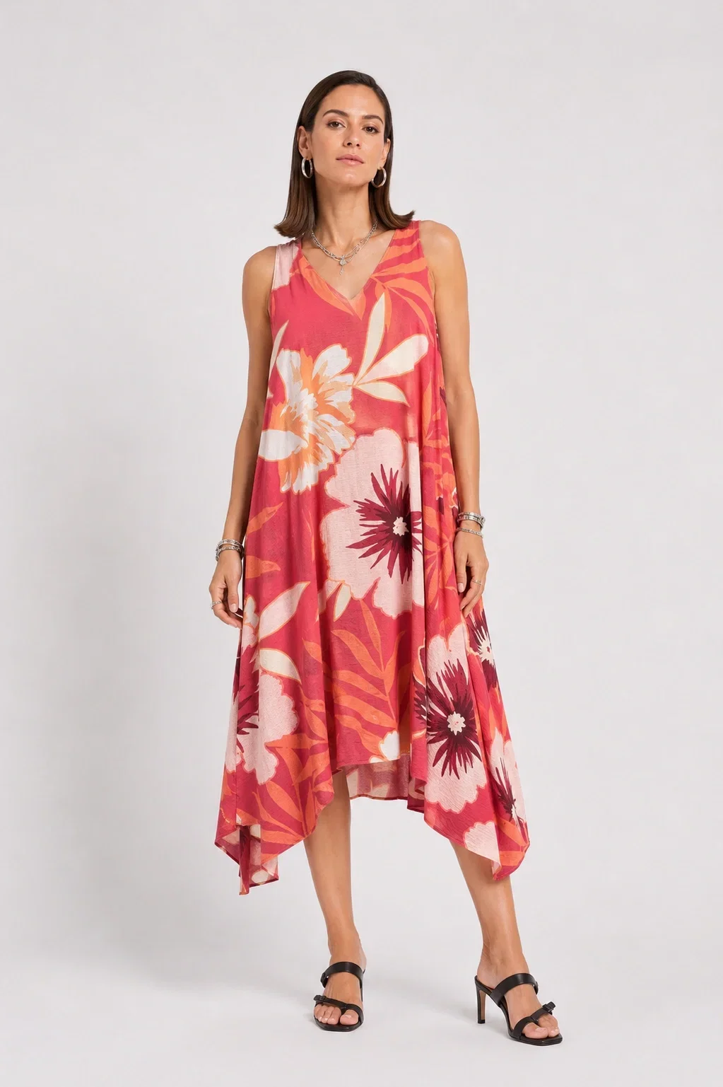 Shopika Rochie midi din vascoza cu imprimeu floral si croi asimetric caramizie