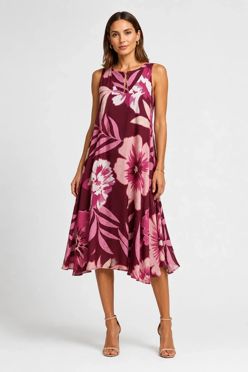 Shopika Rochie midi din vascoza cu imprimeu floral si croi asimetric roz bordo