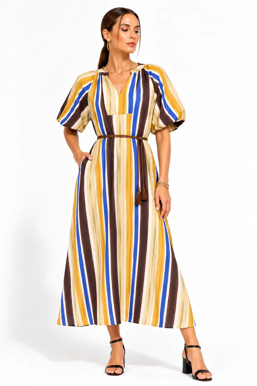 Shopika Rochie midi din vascoza cu imprimeu in dungi si maneci bufante mustar verde