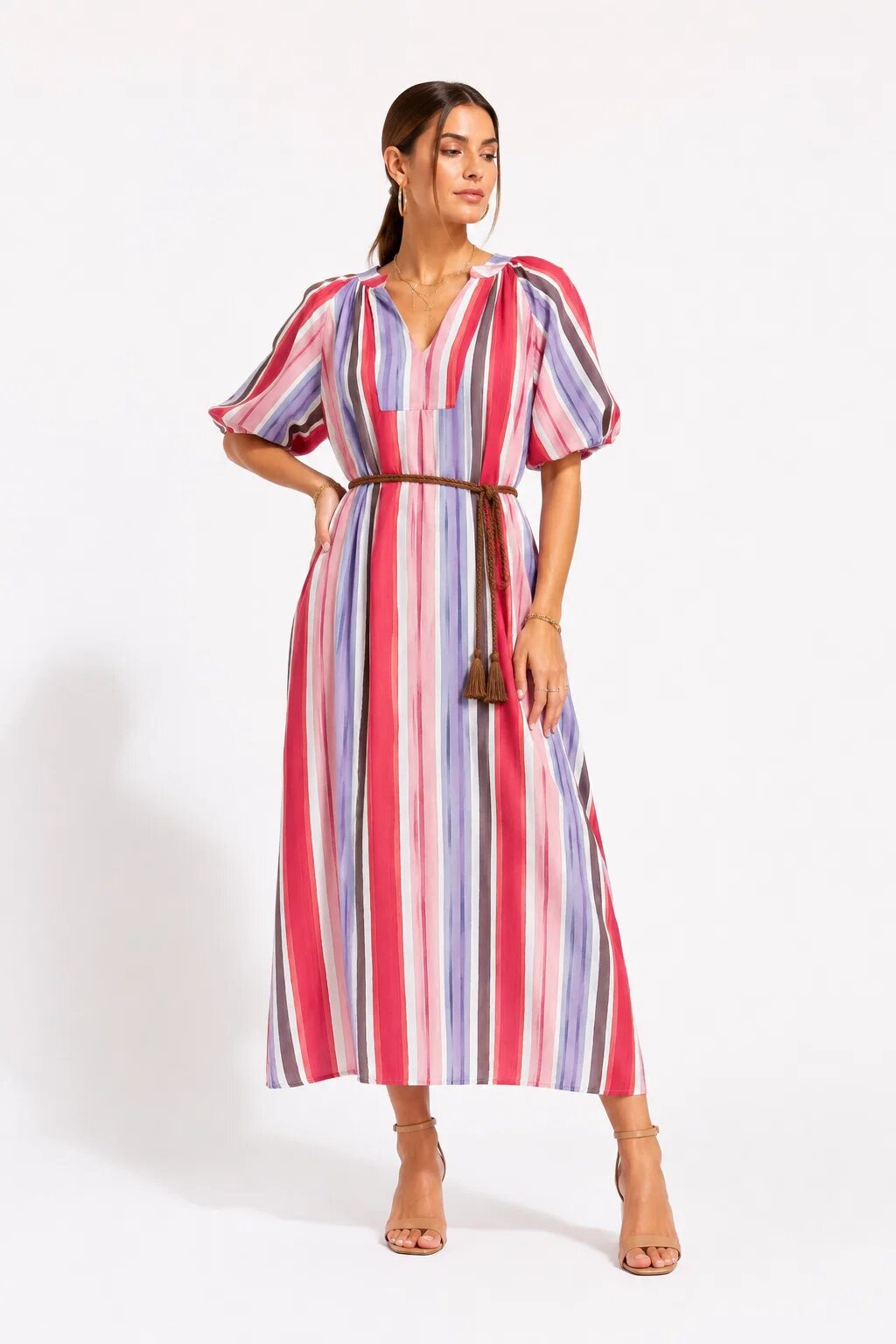 Shopika Rochie midi din vascoza cu imprimeu in dungi si maneci bufante rosu roz
