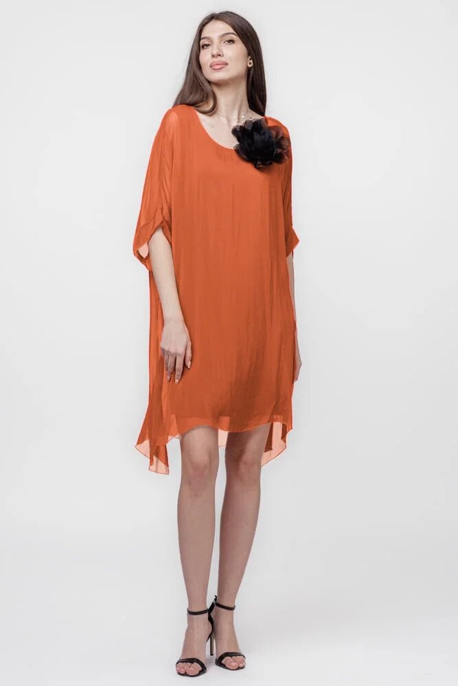 Shopika Rochie midi dreapta din matase si vascoza cu funda pe spate caramizie