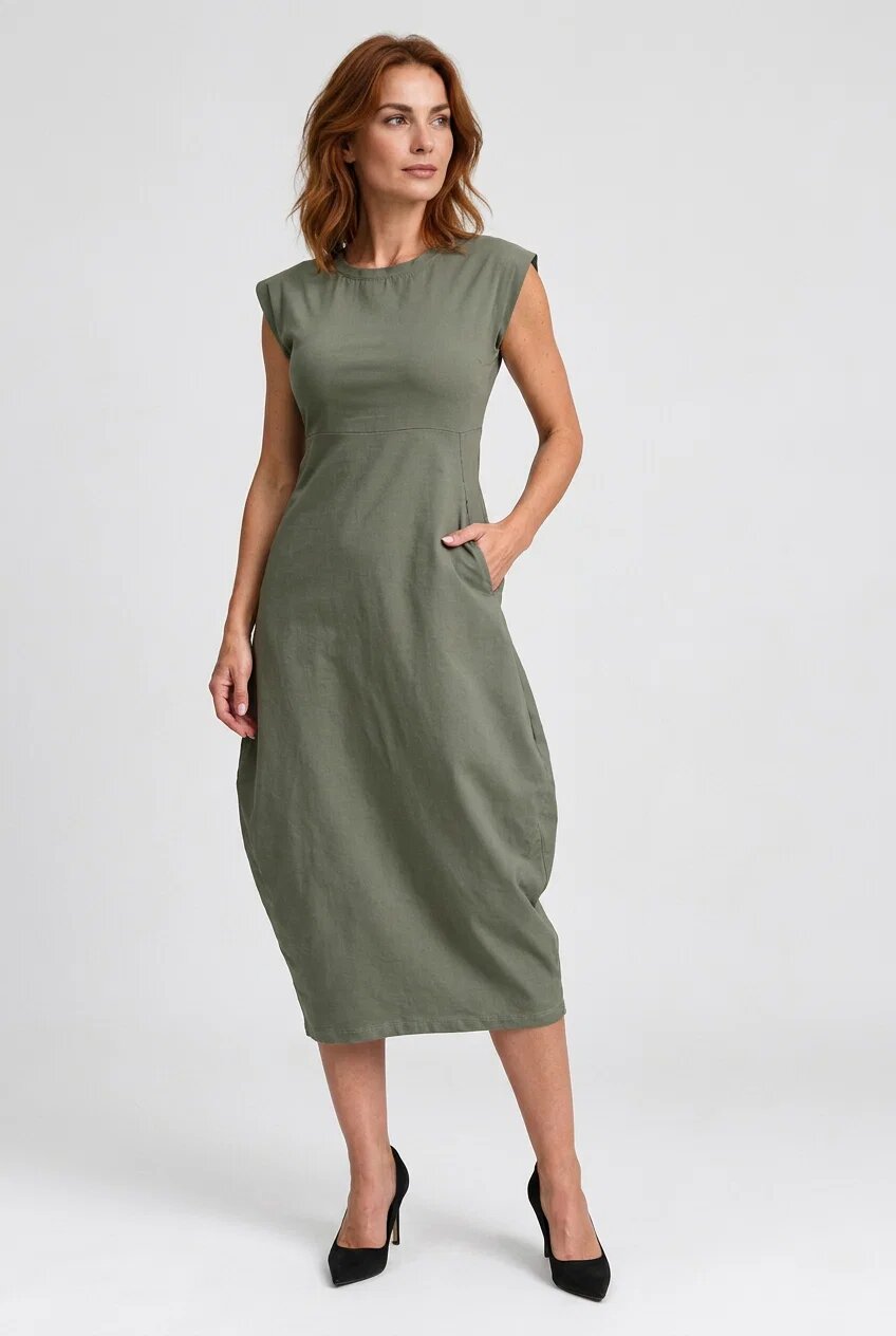 Shopika Rochie midi elastica cu croi lalea si buzunare laterale kaki