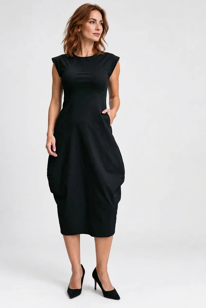Shopika Rochie midi elastica cu croi lalea si buzunare laterale neagra