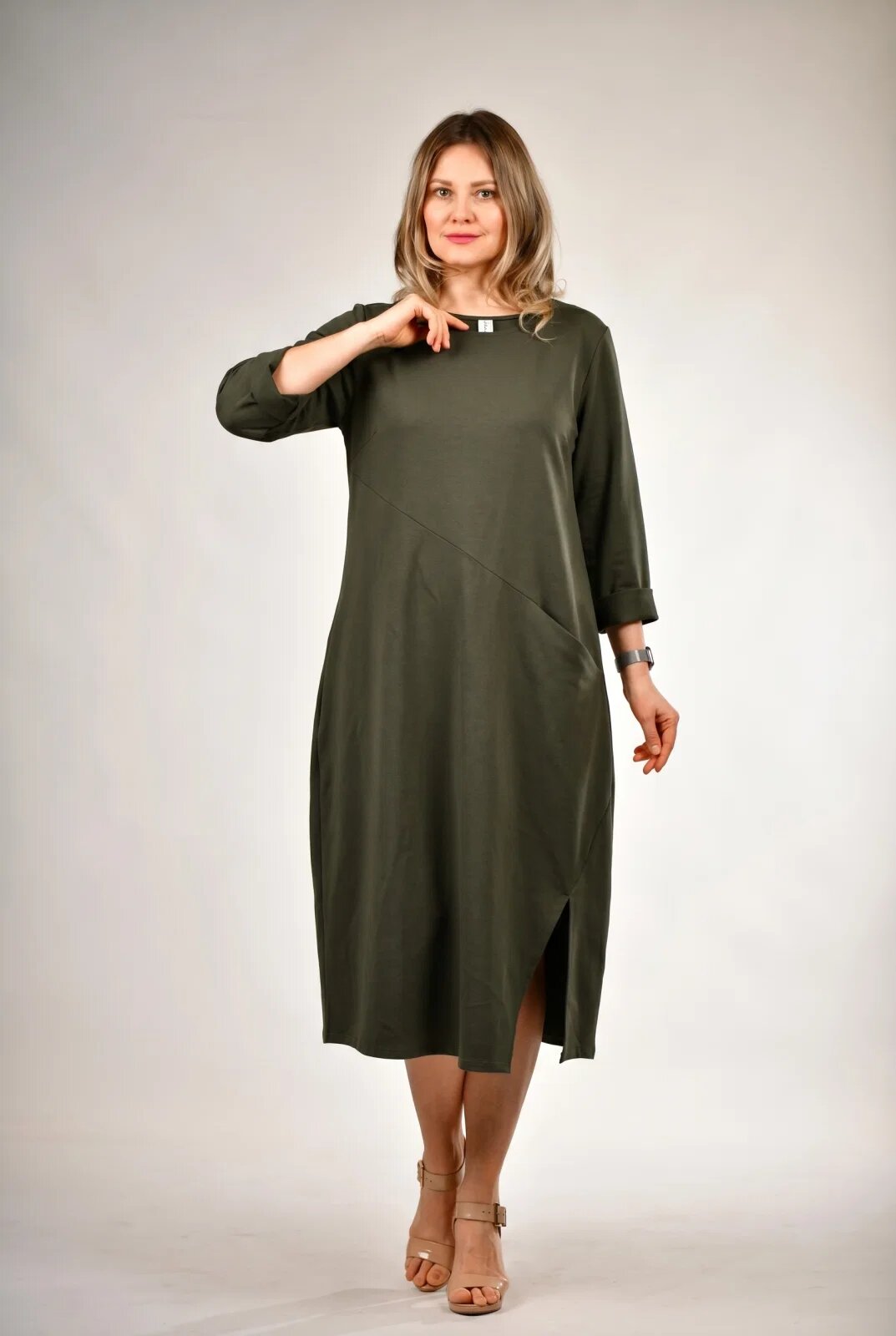 Shopika Rochie midi kaki din jerseu punto milano cu taietura oblica si croiala lejera