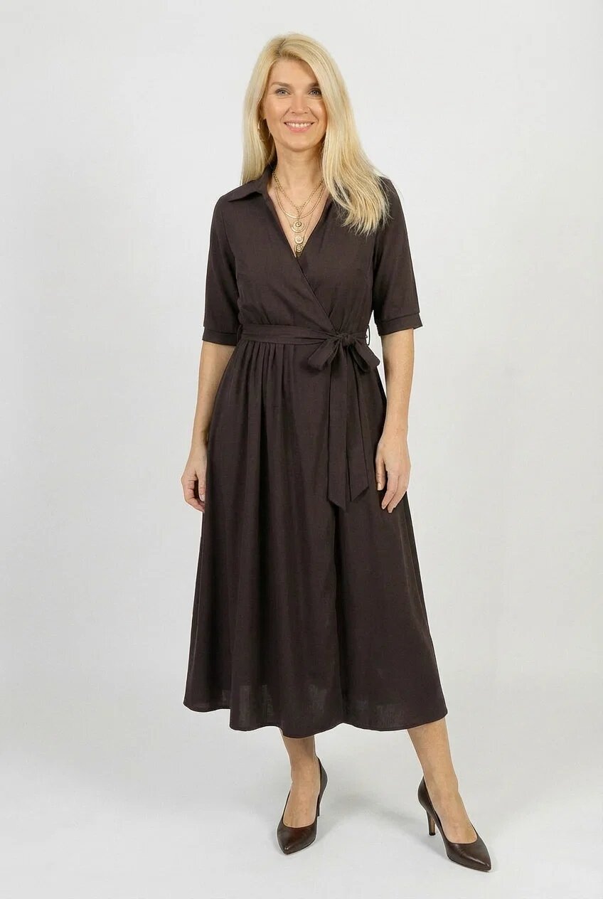 Shopika Rochie midi petrecuta cu cordon din vascoza maro