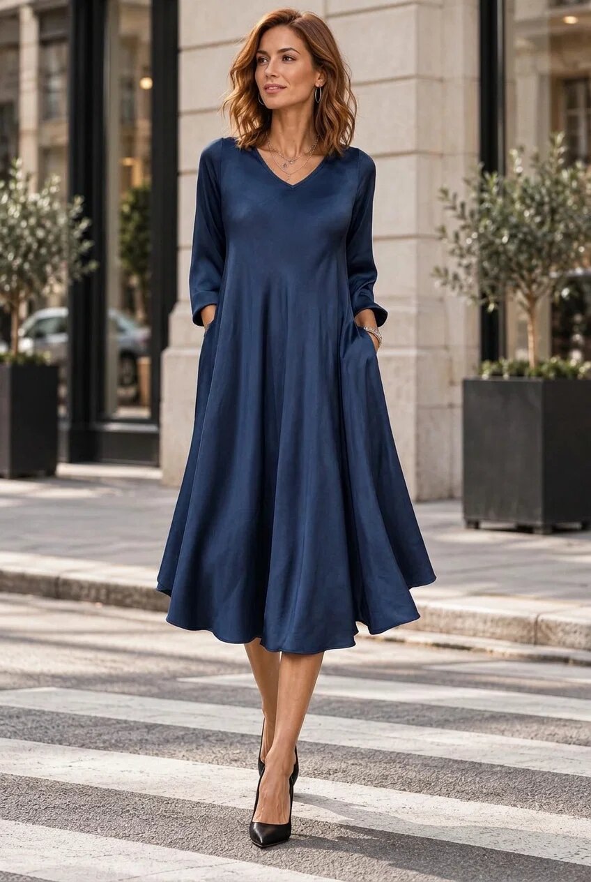 Shopika Rochie midi satinata din matase si vascoza cu croi fluid bleumarin