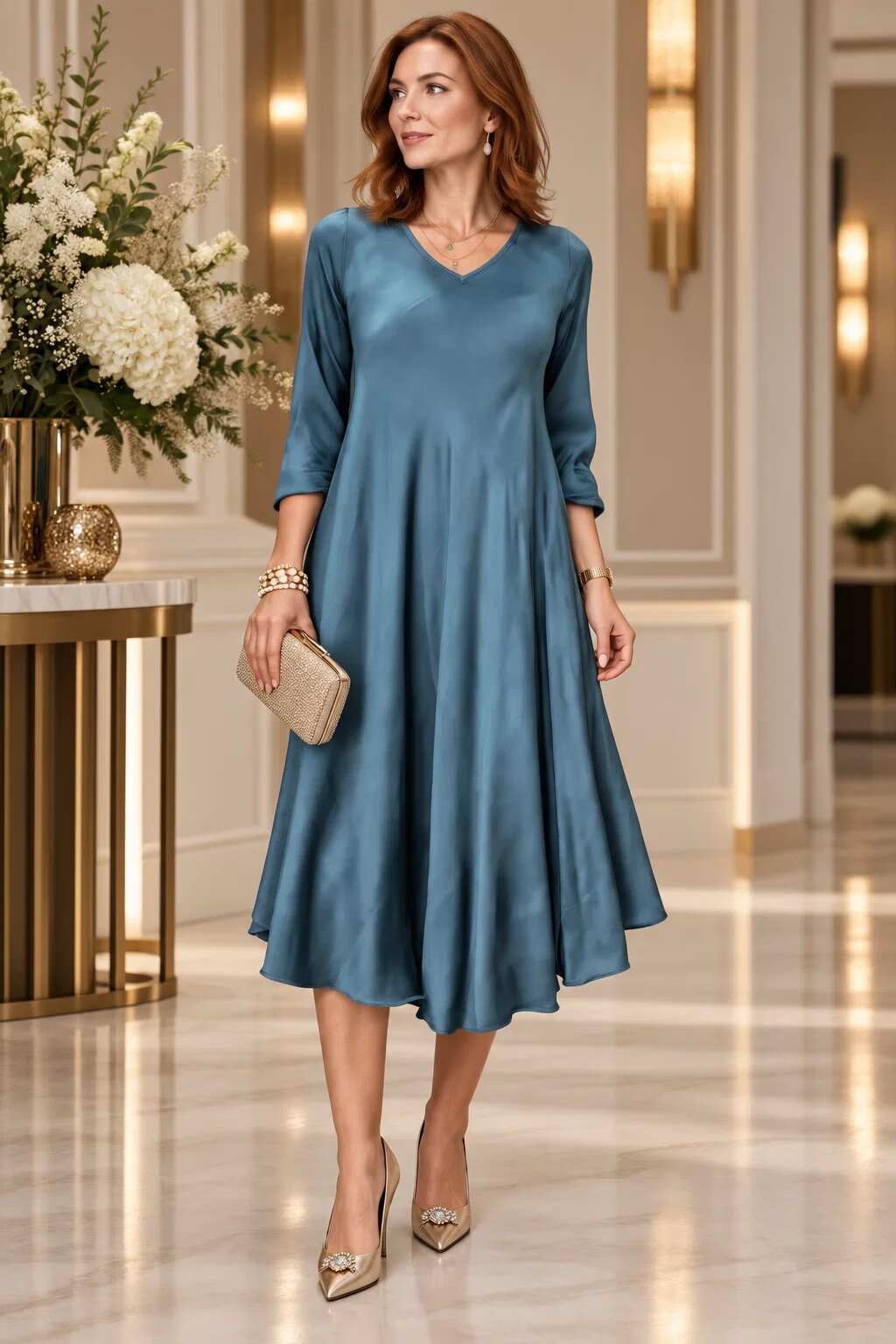 Shopika Rochie midi satinata din matase si vascoza cu croi fluid turcoaz