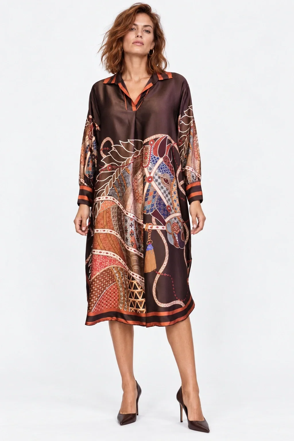 Shopika Rochie midi satinata din matase si vascoza cu imprimeu cai maro