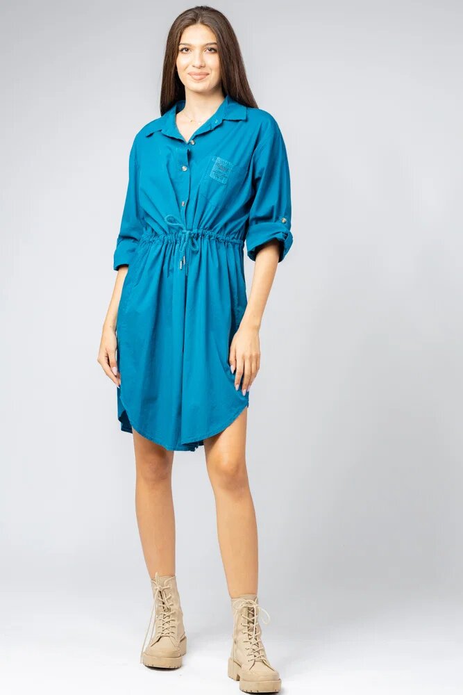 Shopika Rochie midi tip camasa din polin de bumbac cu siret in talie turcoaz