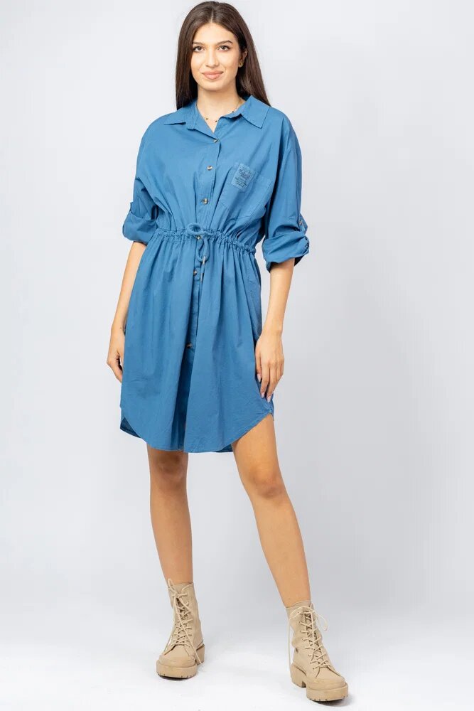 Shopika Rochie midi tip camasa din poplin de bumbac cu siret in talie albastra