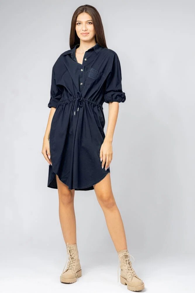 Shopika Rochie midi tip camasa din poplin de bumbac cu siret in talie bleumarin