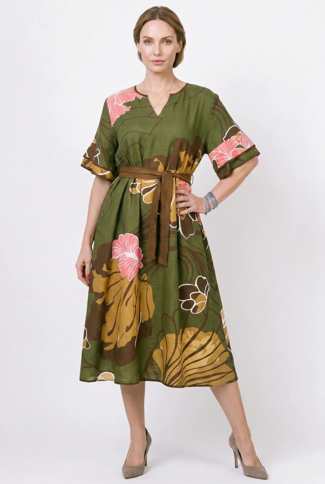 Shopika Rochie midi verde cu imprimeu floral si cordon in talie