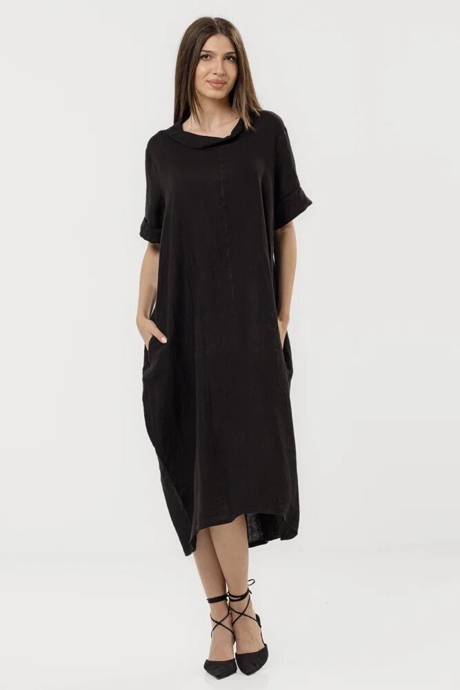 Shopika Rochie neagra din in cu croiala oversized si guler lejer intors