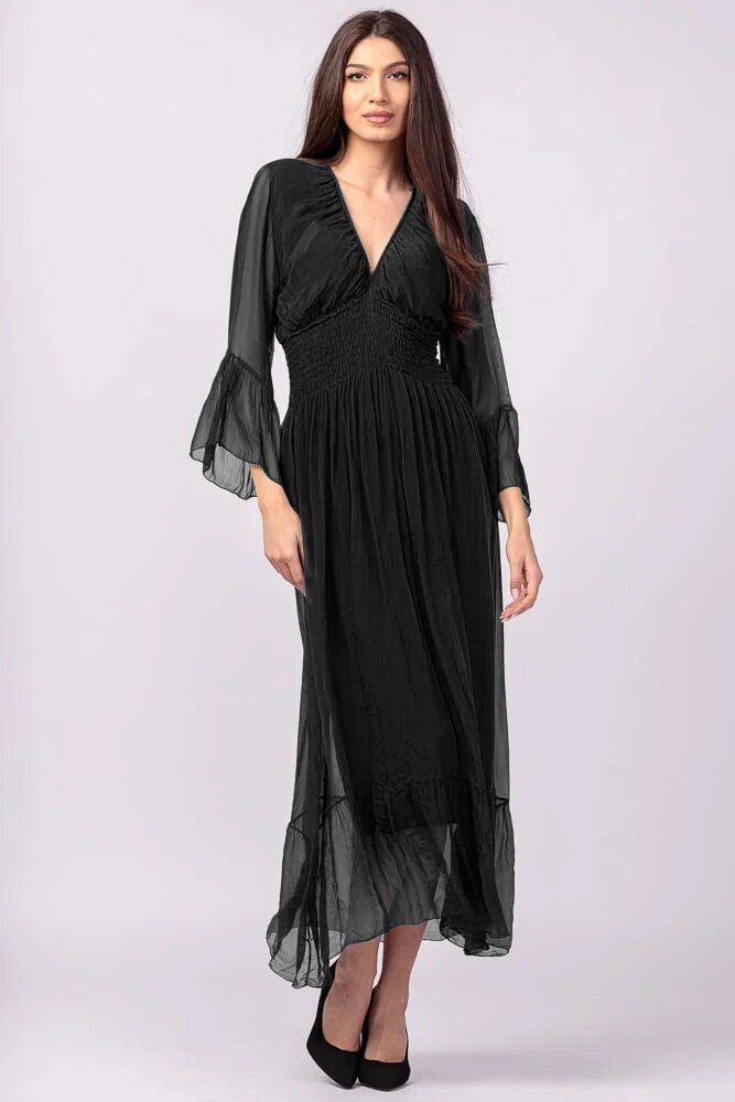 Shopika Rochie neagra din matase si vascoza cu banda elastica in talie si volane