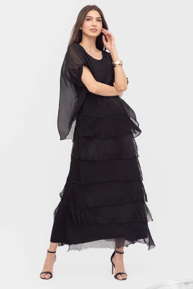Shopika Rochie neagra din matase si vascoza cu volane franjurate suprapuse