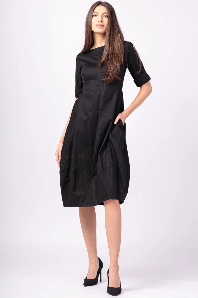 Shopika Rochie neagra lalea cambrata cu fermoar din poplin de bumbac