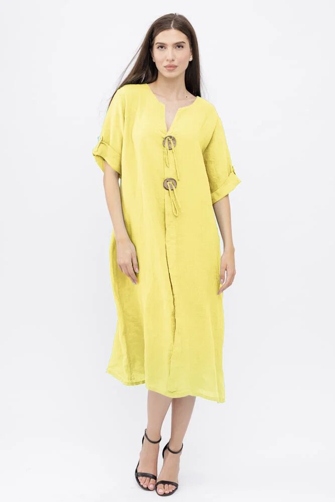 Shopika Rochie oversize din in cu nasturi pe piept galben pai