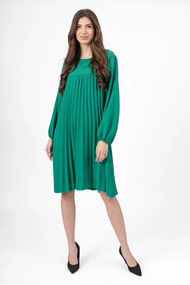 Shopika Rochie plisata midi A-line cu maneca lunga cu elastic verde