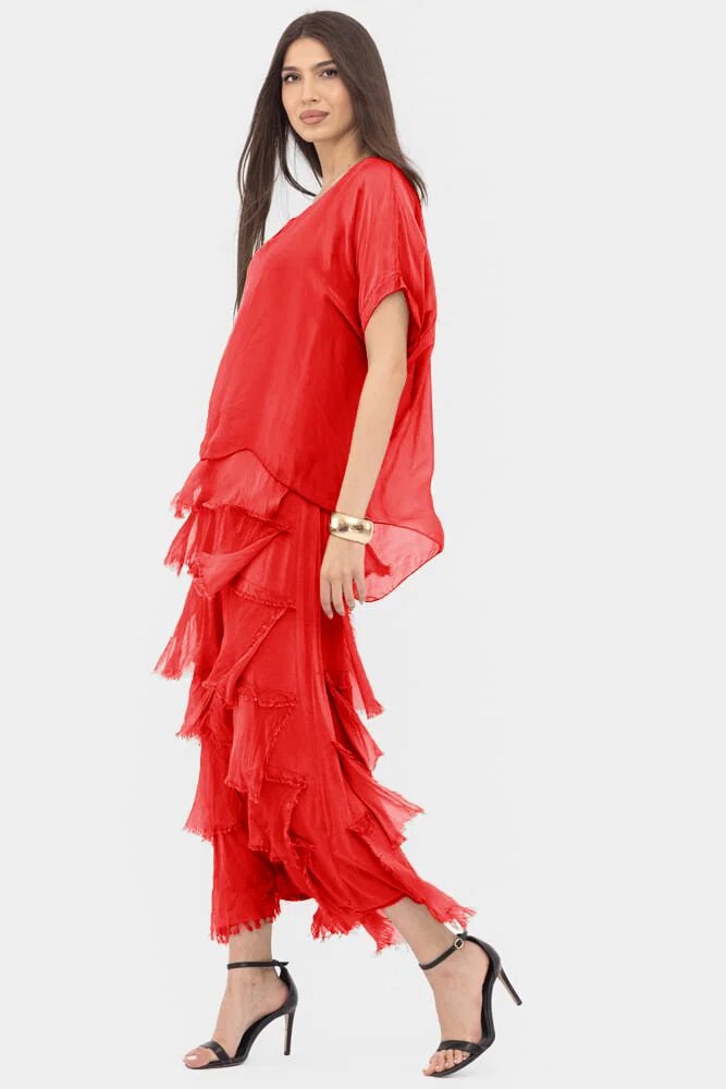Shopika Rochie rosie din matase si vascoza cu volane franjurate suprapuse