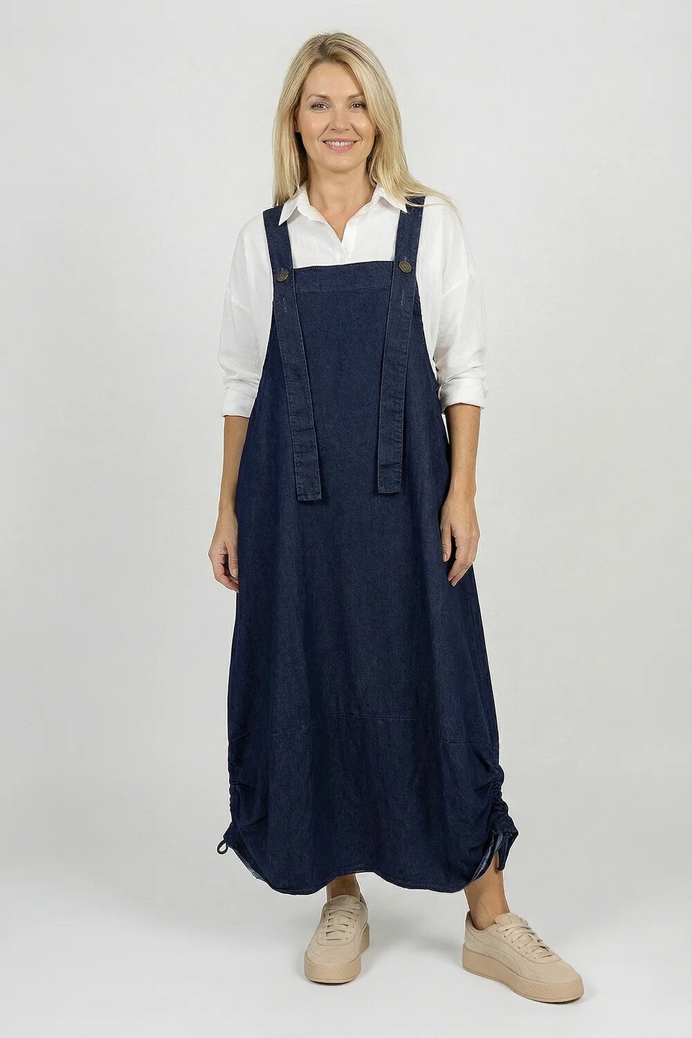Shopika Rochie sarafan lunga cu bretele si snur reglabil din denim