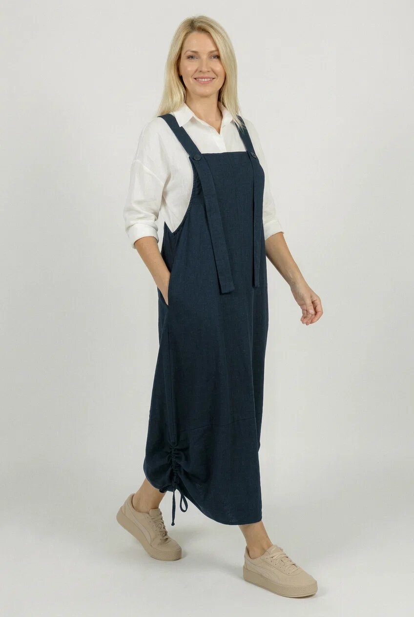 Shopika Rochie sarafan lunga cu bretele si snur reglabil din jerseu de bumbac bleumarin
