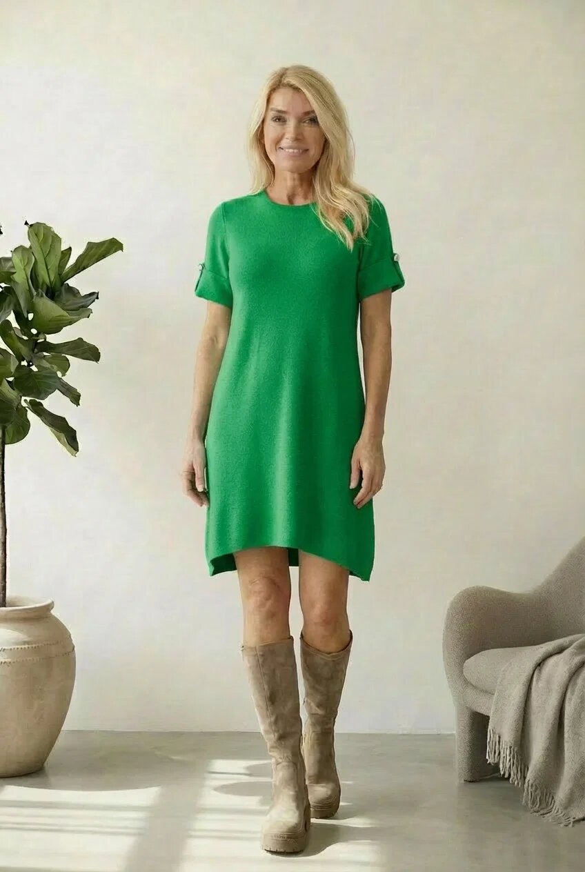 Shopika Rochie scurta A-line tricotata cu maneca scurta si nasture decorativ verde