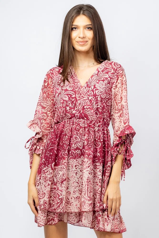 Shopika Rochie scurta din voal cu imprimeu floral pe fond bordo