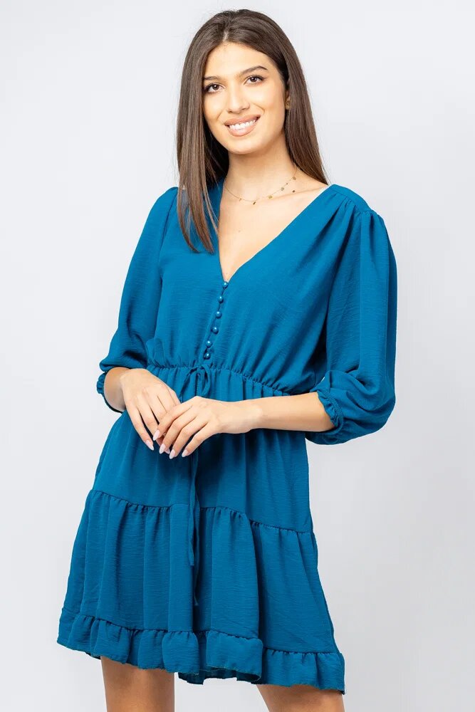 Shopika Rochie scurta din voal cu maneci 3 4 si volanase albastra