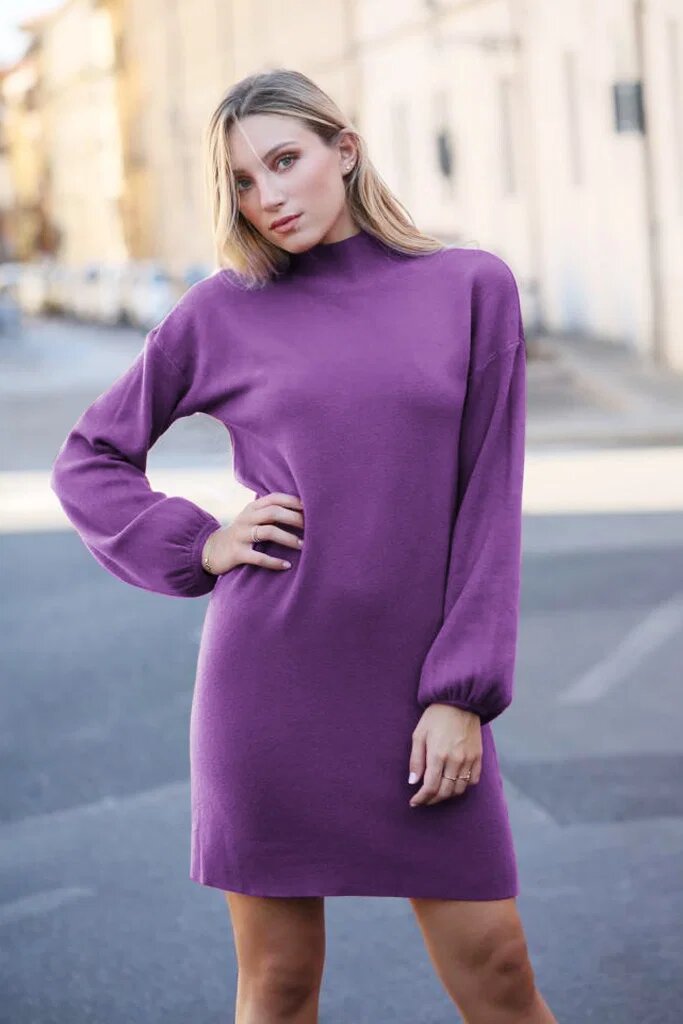Shopika Rochie scurta tricotata cu maneca bufanta mov