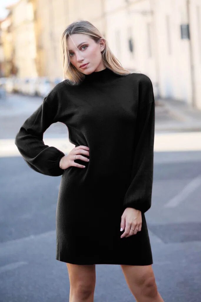 Shopika Rochie scurta tricotata cu maneca bufanta neagra