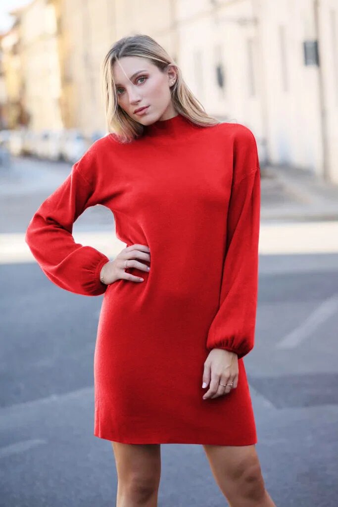 Shopika Rochie scurta tricotata cu maneca bufanta rosie