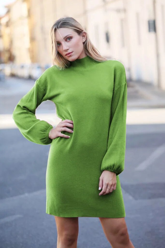 Shopika Rochie scurta tricotata cu maneca bufanta verde olive