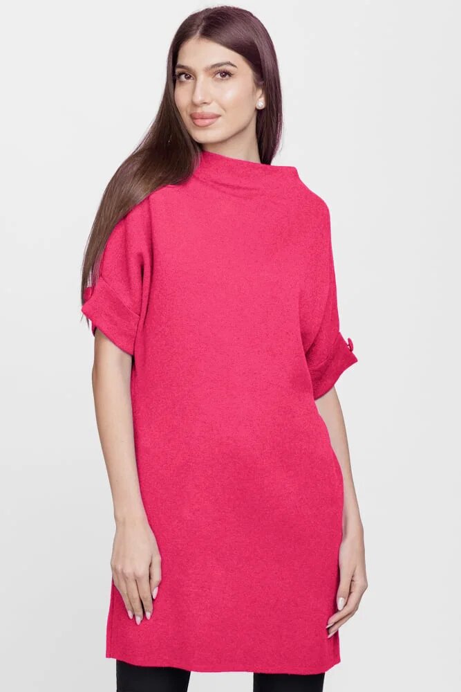 Shopika Rochie scurta tricotata cu maneca scurta si nasture din vascoza fucsia