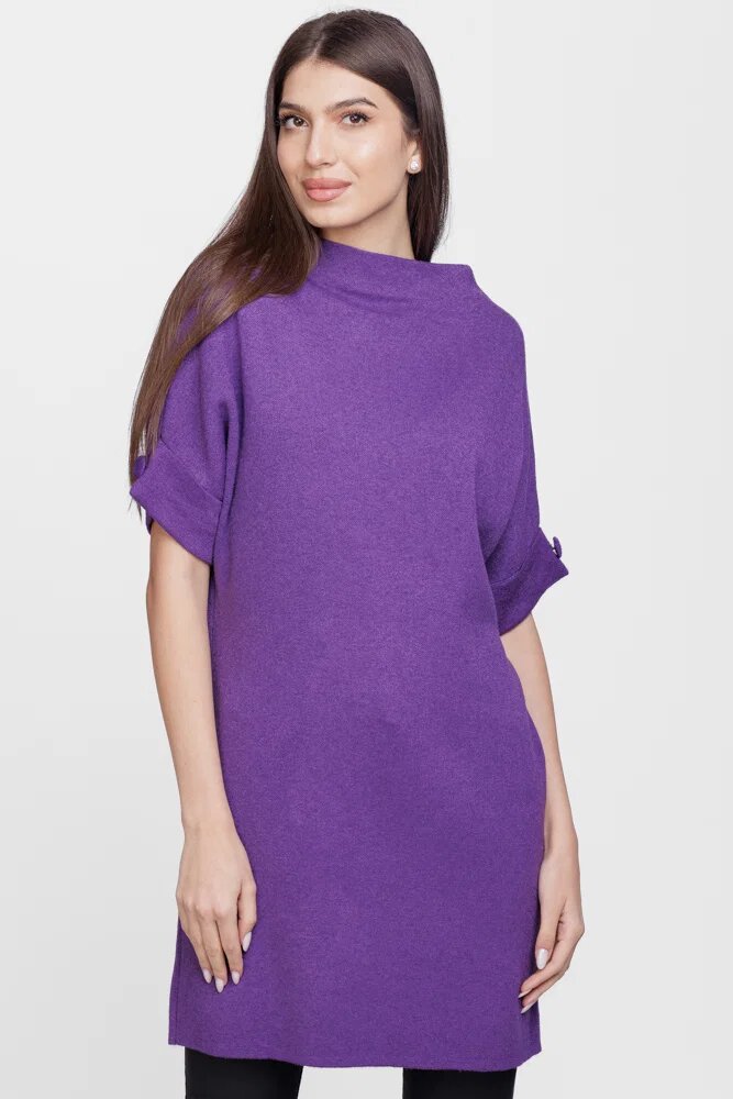 Shopika Rochie scurta tricotata cu maneca scurta si nasture din vascoza mov