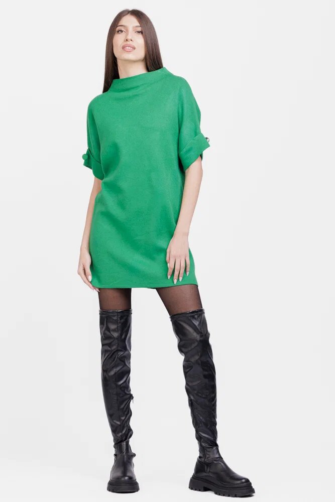 Shopika Rochie scurta tricotata cu maneca scurta si nasture din vascoza verde
