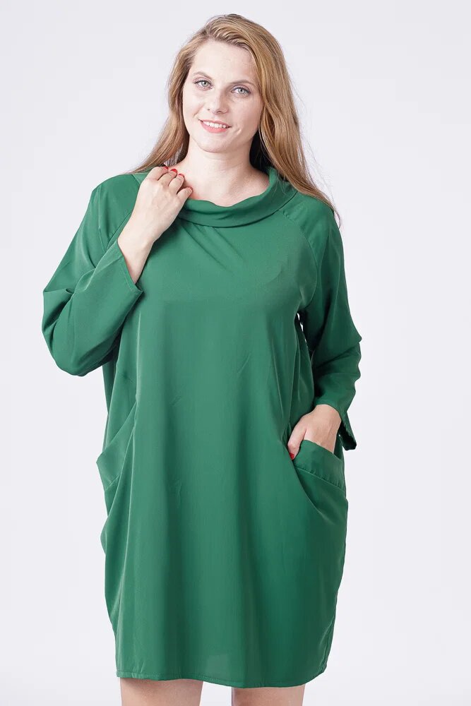 Shopika Rochie scurta verde cu guler intors si buzunare