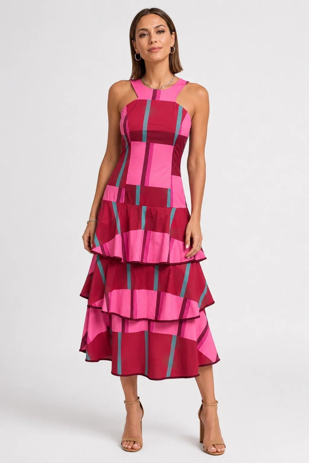 Shopika Rochie spectaculoasa midi din bumbac cu volane si imprimeu geometric fucsia albastru