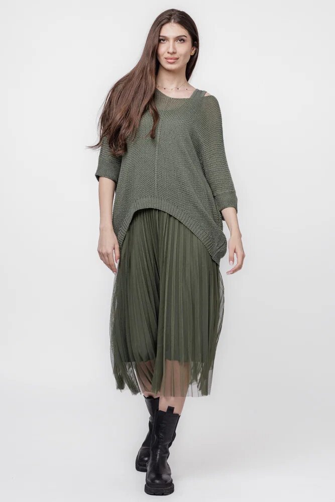 Shopika Rochie suprapusa cu puloveras si tulle plisat kaki