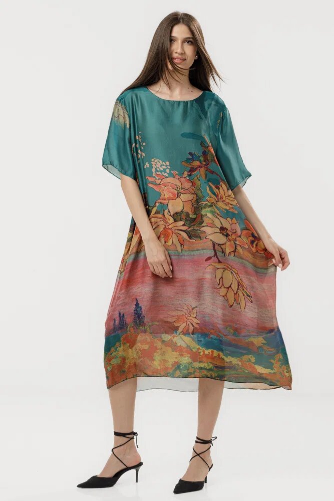 Shopika Rochie turcoaz eleganta satinata A-line cu croiala lejera si imprimeu floral in tonuri de roz-oranj