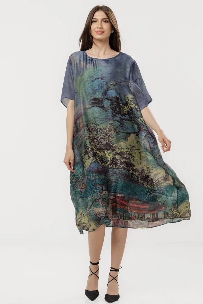 Shopika Rochie turcoaz eleganta satinata A-line cu croiala lejera si imprimeu pictural